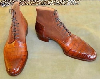 Handmade Two-Tone Leather Ankle Boots, Men's Dress Boot