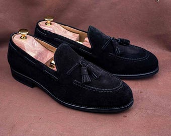 Handmade Black Suede Leather Tassel Loafers, Men's Dress Shoes
