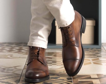 Handmade Men's Tan Brown Leather Ankle Boots, Dress Boots
