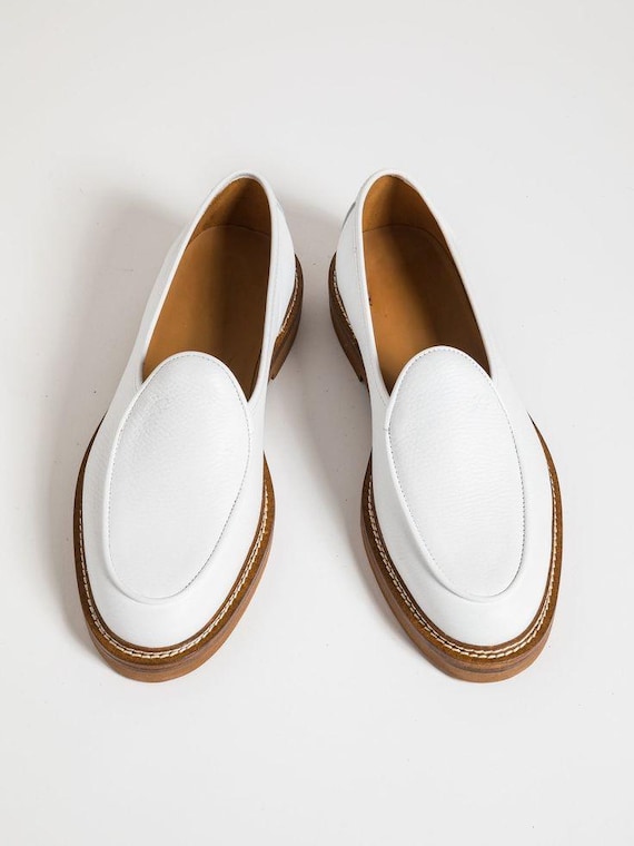 Handmade White Grain Leather Loafers, Men's Slip-Ons