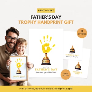 Father&#39;s Day Handprint Craft Printable – Best Dad Trophy Art, DIY Gift from Kids, Toddler & Preschool Keepsake, Digital Download, hand paint