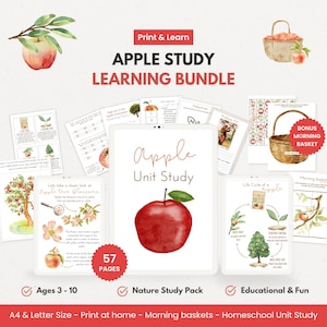 May include: An educational Apple Study Learning Bundle with 57 pages. The image features a red apple, illustrations of apple blossoms, and the life cycle of an apple. Includes a bonus morning basket. Suitable for ages 3-10. A4 & Letter Size.