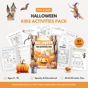 Halloween Activity Pack for Kids, A4, US Letter Printable Worksheets, School Fun Colouring, Maths, Literacy & Craft Pages Ages 4–10 PDF
