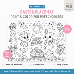 May include: Black and white printable Easter placemat featuring bunnies, eggs, flowers, and the text "Happy Easter".  This printable is designed for preschoolers to color.