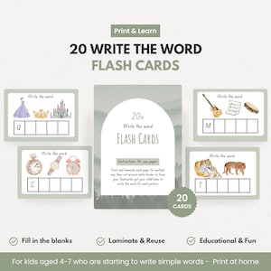 20 tarjetas imprimibles de "Escribe la palabra": actividad de ortografía temprana para niños de 4 a 7 años, práctica de reconocimiento de letras, fonética educativa (PDF)