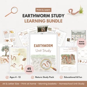 Earthworm Study Learning Bundle, Printable Worksheets Flashcards Crafts, Classroom, Homeschool, Worm lifecycle Theme Morning Basket PDF