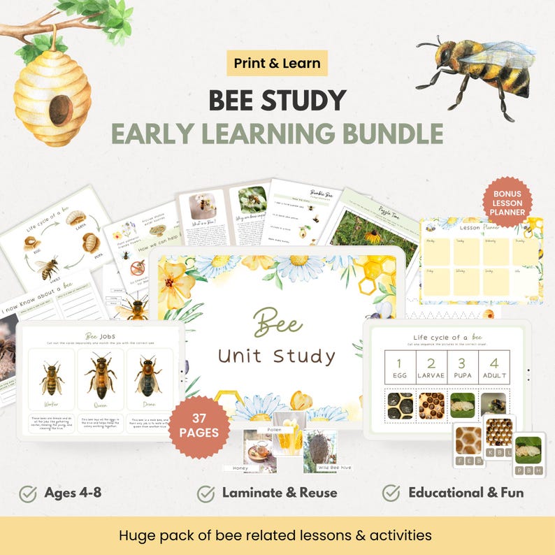Bee Early Learning Bundle, Printable Worksheets Clip Cards Crafts ...