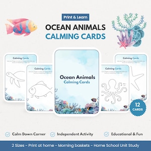 Cartões de animais marinhos para acalmar, atividade de rastreamento de dedos para impressão, pré-escola, educação domiciliar, atividade com tema subaquático, cesta matinal em PDF