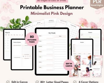 Printable Business Planner - Minimalist Pink Canva PLR, Finance, Invoice, Tracking, Saving, Social Media, 2025 Project Manager, Goals PDF