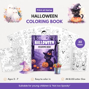 Paquete de colorear de Halloween para niños, páginas imprimibles en tamaño A4, divertidas para colorear en preescolar, libro para niños pequeños en PDF.