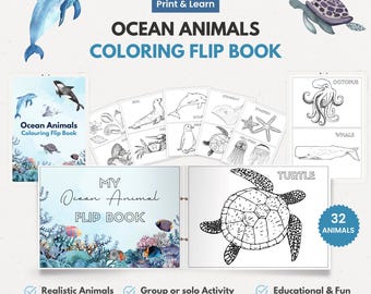 Ocean Animals Coloring Flip Book, Printable colouring-in Crafts, Preschool Homeschool, Under the Sea Theme Activity Morning Basket PDF