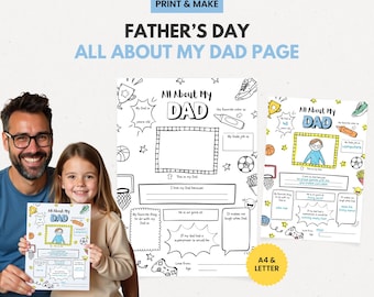 Alles über meinen Vater zum Ausdrucken, Fragebogen Karte zum Vatertag für Kinder, DIY Malseite Geschenk vom Kind, Füllen Sie die leere Dad Aktivität PDF aus