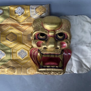 NOH MASK wood carving Shishiguchi signed Japan antique omen dance drama