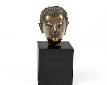 ブロンズ仏像頭部 木製台座付き ヴィンテージブロンズ仏頭（木製台座付き） – 11インチ – タイ風