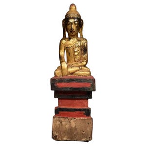 Early 19th C Burmese Buddha | Mara Vijaya Posture | Gilded Gold & Glass | Mandalay Period | Valuable Antique w/ Certificate Of Authenticity
