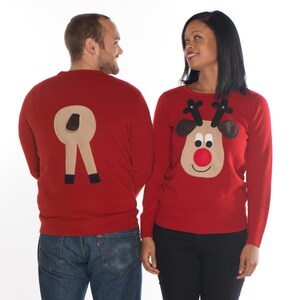 Ladies Front and Rear Squeaky Nose Rudolph Christmas Sweaters Beige Rudolph image 3