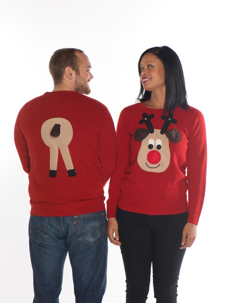 Ladies Front and Rear Squeaky Nose Rudolph Christmas Sweaters Beige Rudolph image 3