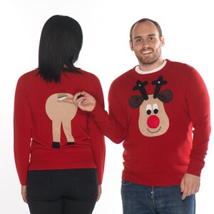 Ladies Front and Rear Squeaky Nose Rudolph Christmas Sweaters Beige Rudolph image 2