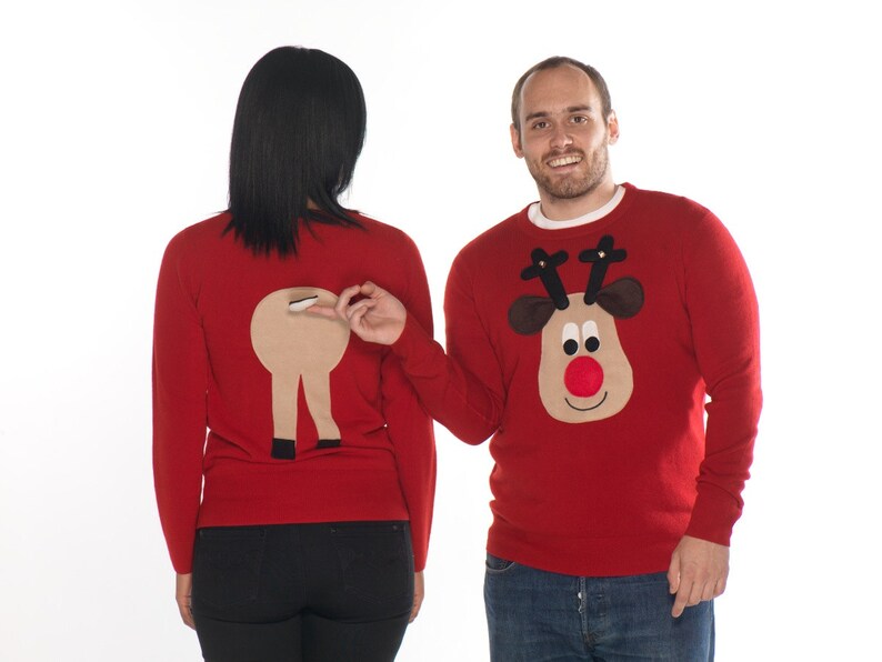 Ladies Front and Rear Squeaky Nose Rudolph Christmas Sweaters Beige Rudolph image 2