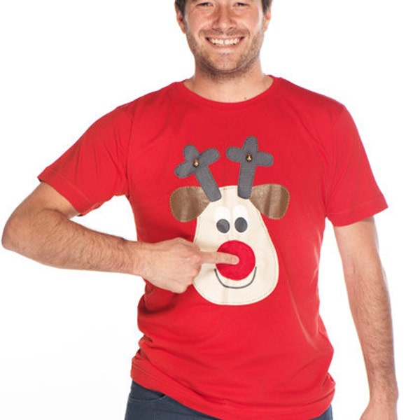 Handmade Rudolph Christmas t-shirt with squeaky nose, bells