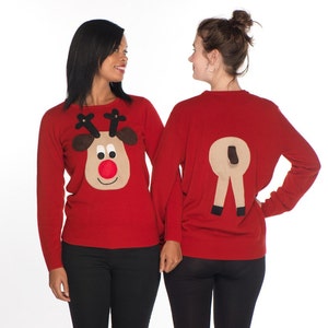 Ladies Front and Rear Squeaky Nose Rudolph Christmas Sweaters Beige Rudolph image 1