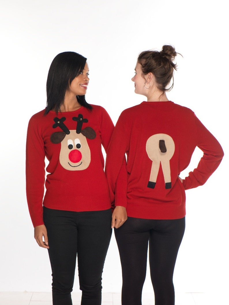 Ladies Front and Rear Squeaky Nose Rudolph Christmas Sweaters Beige Rudolph image 1