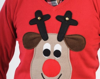 Rudolph Reindeer Christmas Sweater with squeaker behind his nose and bells on his antlers