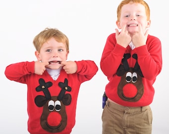 Kids Rudolph Reindeer brown face Christmas Sweater with squeaker and bells