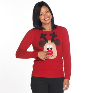 Ladies Front and Rear Squeaky Nose Rudolph Christmas Sweaters Beige Rudolph image 4