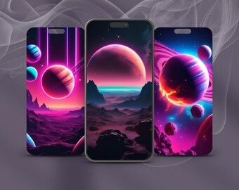 Fonds d'écran Planètes pour téléphone – Néon cosmique – Téléchargement numérique