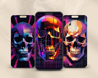 Fonds d'écran Glitch Skull – Pack d'arrière-plans de téléphone Dark Tech Distortion