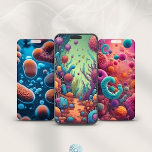 Puede incluir: Tres smartphones con diseños vibrantes y coloridos que presentan ilustraciones abstractas de tipo microscópico. Los diseños incluyen varias formas y colores, con un enfoque en azules, naranjas, rosas y verdes. Los teléfonos se muestran sobre un fondo suave y borroso.
