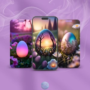 Könnte beinhalten: Drei Handyhüllen mit Osterei-Designs. Die erste Hülle zeigt ein leuchtendes pinkfarbenes und blaues Ei vor einem floralen Hintergrund. Die zweite Hülle hat eine Sonnenuntergangsszene in einem blauen und grünen Ei mit einem floralen Hintergrund. Die dritte Hülle zeigt ein blaues und grünes Ei mit einem floralen Hintergrund.