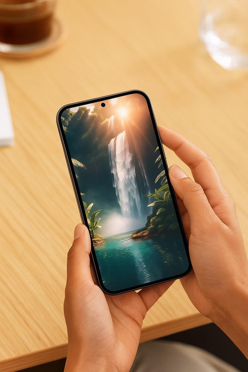 Lugna telefonbakgrunder med vattenfall – Estetiskt med flödande natur – Digital nedladdning bild 2