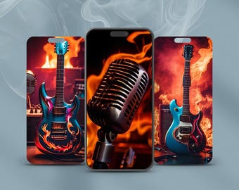 Fonds d'écran de musique rock pour téléphone – Guitare sombre et crâne esthétique – Téléchargement numérique