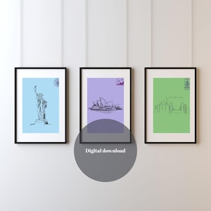 New York, Sydney & San Francisco Wall Art – Set of 3 Cityscape Digital Prints | Modern Travel Poster Decor