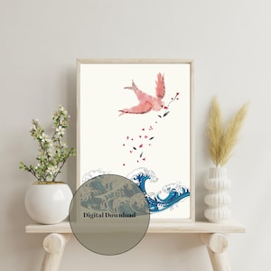 Pink Bird & Japanese Wave Wall Art – Zen Aesthetic Printable Poster, Tranquil Nature Decor, Oriental Style Digital Print
