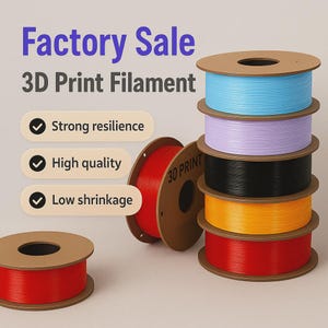 May include: A selection of 3D print filament spools in a range of colours, including blue, purple, black, orange, and red. The text "Factory Sale 3D Print Filament" is displayed. Additional text highlights "Strong resilience", "High quality", and "Low shrinkage".