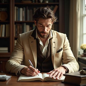 May include: A man in a beige blazer and brown vest writing in a notebook with a silver pen. The scene is set in a library with bookshelves in the background. The man is seated at a wooden desk with books.