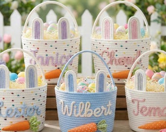Canasta de Pascua personalizada, con orejas de conejo y nombre personalizado, tejida a mano con cuerda de algodón para la búsqueda de huevos de Pascua para niños.