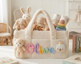 Personalized Baby Storage Basket, Custom Name Diaper Caddy, Handmade Cotton Rope Baby Toy Organizer, Cute Nursery Organizer with Bear