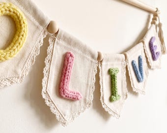 Personalized Yarn Letter Banner, Canvas Nursery Garland, Baby Room Decor, Baby Shower Gift, Handmade Nursery Decor
