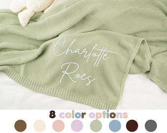 Personalized Knit Baby Blanket, Embroidered Custom Name, Soft Cotton Baby Blanket, Monogrammed Newborn Baby Gift, Keepsake Gift