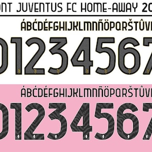 Könnte beinhalten: Ein digitales Schriftset mit dem Titel FONT JUVENTUS FC HOME-AWAY 2026-2027, das Großbuchstaben und die Zahlen 0-9 enthält. Die obere Reihe zeigt einfarbige graue Zahlen, während die untere Reihe Zahlen mit einem schwarz-grauen Zebramuster zeigt.