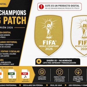 Puede incluir: Un archivo de descarga digital con el diseño del parche World Champions 2026. El gráfico muestra dos emblemas en forma de escudo con el icono del trofeo FIFA World Champions 2026 en oro y blanco, presentados en varios formatos de archivo.