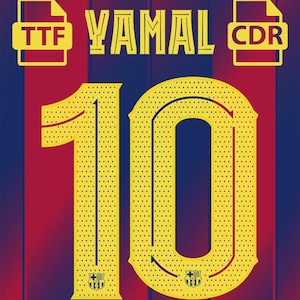 May include: A graphic design featuring the name "YAMAL" above the number "10" in yellow, with a dotted pattern. The background has vertical stripes in red, blue, and purple. Includes "TTF" and "CDR" icons.
