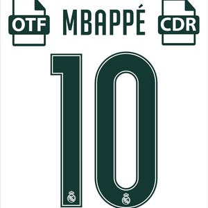 May include: A dark green graphic featuring the name MBAPP&Eacute; in capital letters, flanked by two file icons labeled OTF and CDR. Below, the number 10 is displayed in a large, dark green font with a white outline and a small white crest at the base.