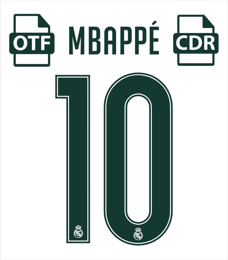 May include: A dark green graphic featuring the name MBAPP&Eacute; in capital letters, flanked by two file icons labeled OTF and CDR. Below, the number 10 is displayed in a large, dark green font with a white outline and a small white crest at the base.