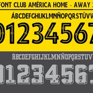 May include: A digital font file set titled FONT CLUB AMÉRICA HOME - AWAY 2026-2027. The image displays two distinct alphanumeric styles: a black outlined set on a yellow background and a grey block-style set on a dark grey background.