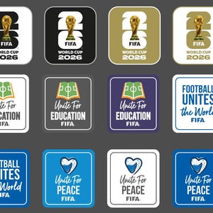Może przedstawiać: Kolekcja dwunastu kwadratowych naklejek z brandingiem FIFA World Cup 2026, wzorami Unite For Education, Football Unites the World oraz Unite For Peace. Grafiki przedstawiają trofeum, książkę i ikonę serca w różnych kolorach.